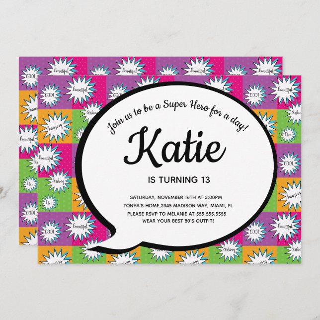 80s 90s Pink Comic Super Hero Throw Back Invitation (Front/Back)