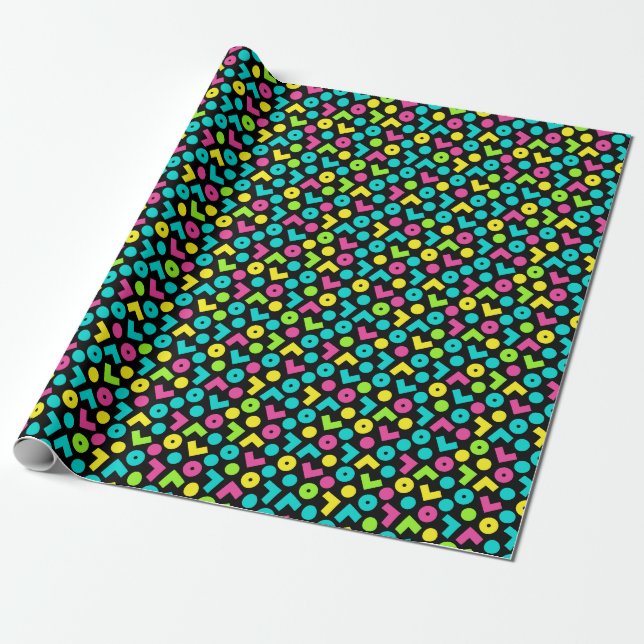 80's/90's Retro Black And Neon Pattern Wrapping Paper (Unrolled)