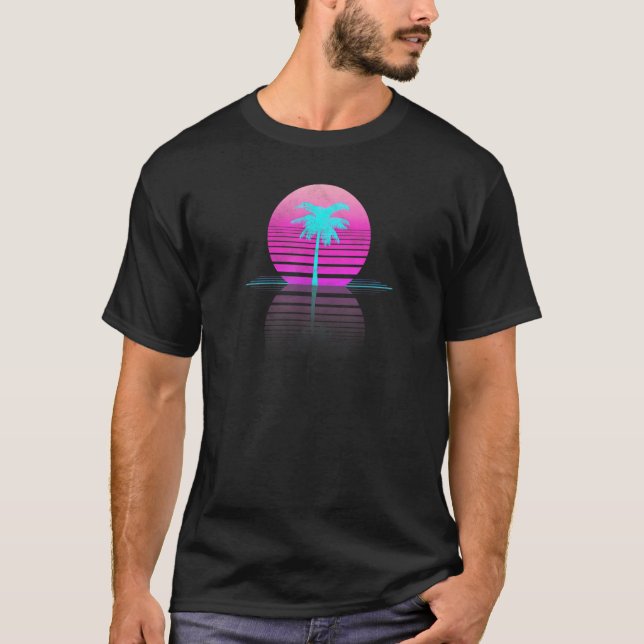 80s 90s Surf Outrun Sun Synthwave Palm Tree T-Shirt (Front)