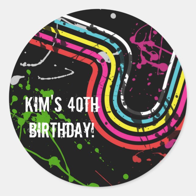 80's Birthday Party Retro Treat Favour Classic Round Sticker (Front)