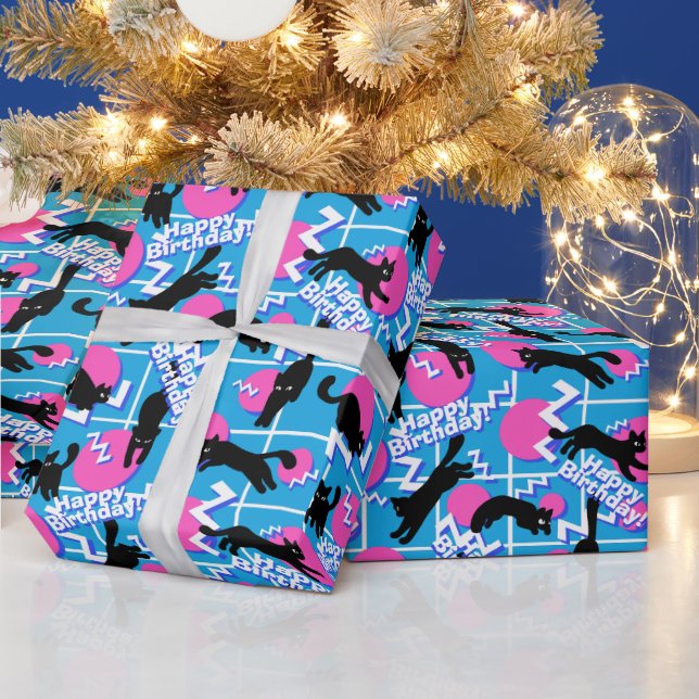 80s Cats Birthday Blue Geometric Memphis Pattern Wrapping Paper (Holidays)