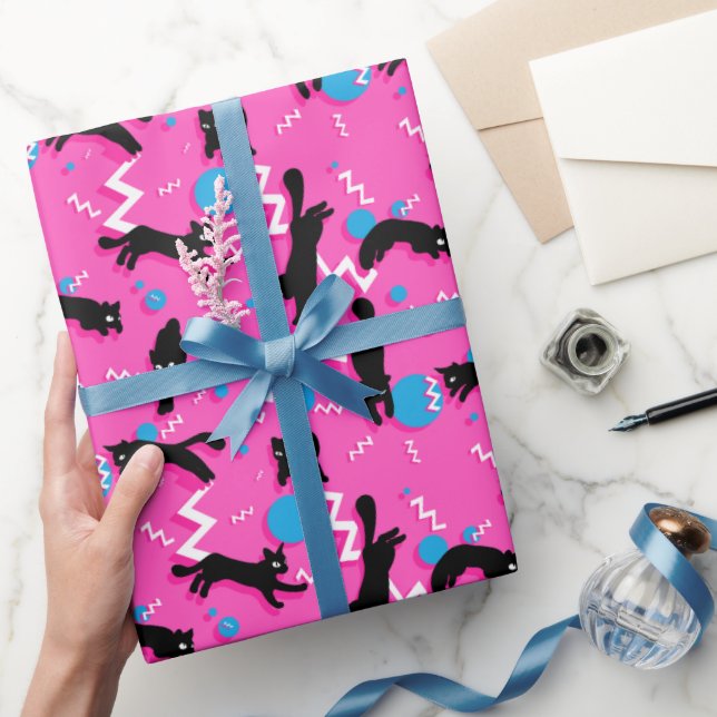 80s Cats Black Pink Geometric Memphis Pattern Wrapping Paper (Gifting)