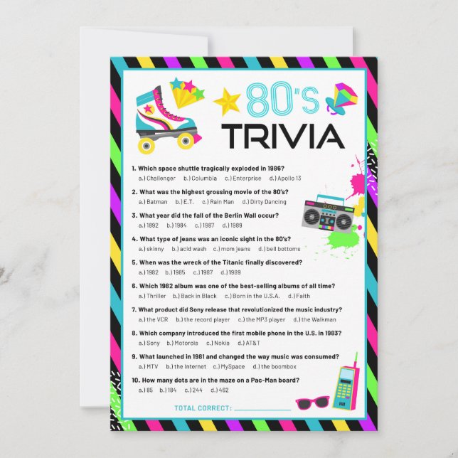 80s Decade Trivia Party Game Invitation (Front)