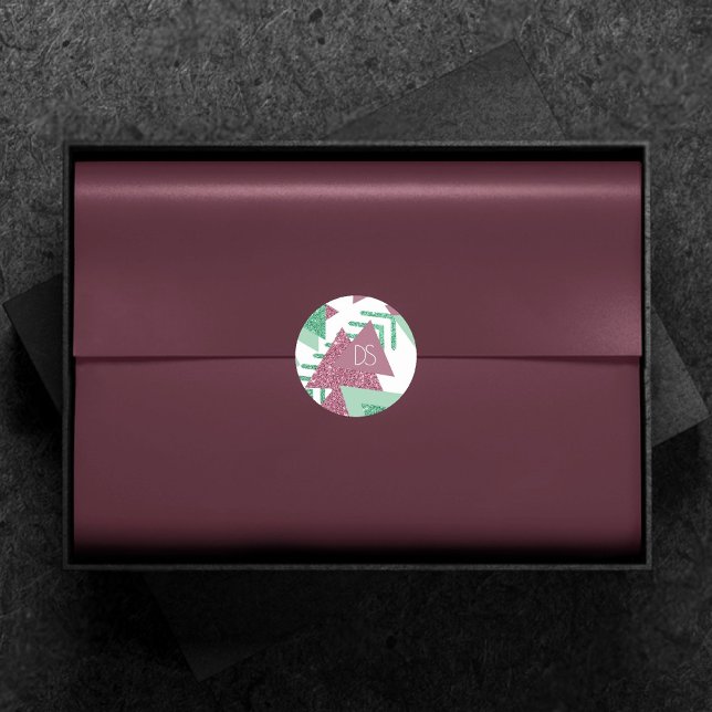 80s Fresh Abstract | Pink and Green Shape Monogram Classic Round Sticker (Creator Uploaded)