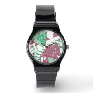80s Fresh Abstract   Pink and Green Shape Monogram Watch