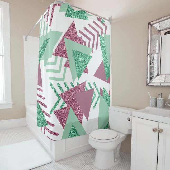 80s Fresh Abstract | Pink and Green Shapes Pattern Shower Curtain (In Situ)