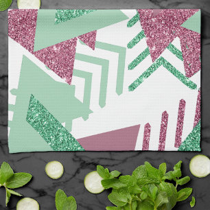 80s Fresh Abstract   Pink and Green Shapes Pattern Tea Towel