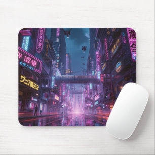 80s Futuristic Neon Cityscape Gaming Mouse Pad