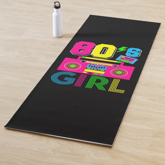 80's Girl  Yoga Mat (A black yoga mat with a design that reads '80s Girl in bright, neon colors!)
