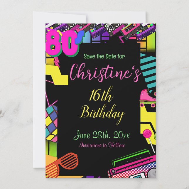 80's Invitation, Back to the 80's, Any Age, Save The Date (Front)