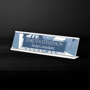 80s Luxe Abstract   Turquoise and Navy Blue Shapes Desk Name Plate