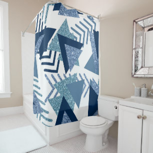 80s Luxe Abstract   Turquoise and Navy Blue Shapes Shower Curtain