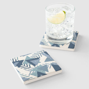 80s Luxe Abstract Turquoise and Navy Blue Shapes Stone Coaster