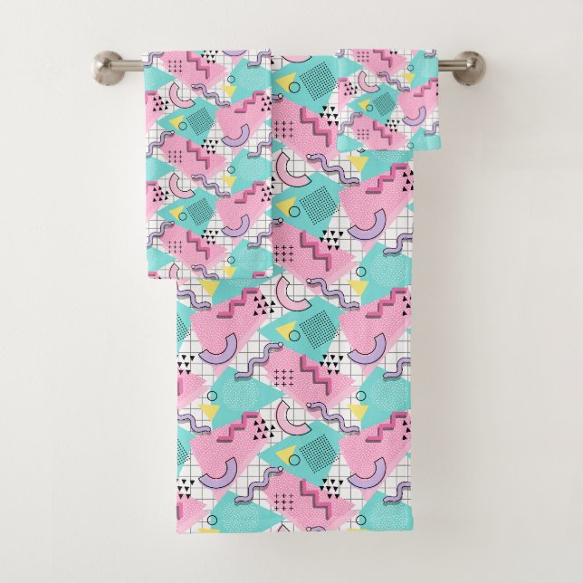 80's Memphis Active Pink Turquoise Bath Towel Set (Insitu)