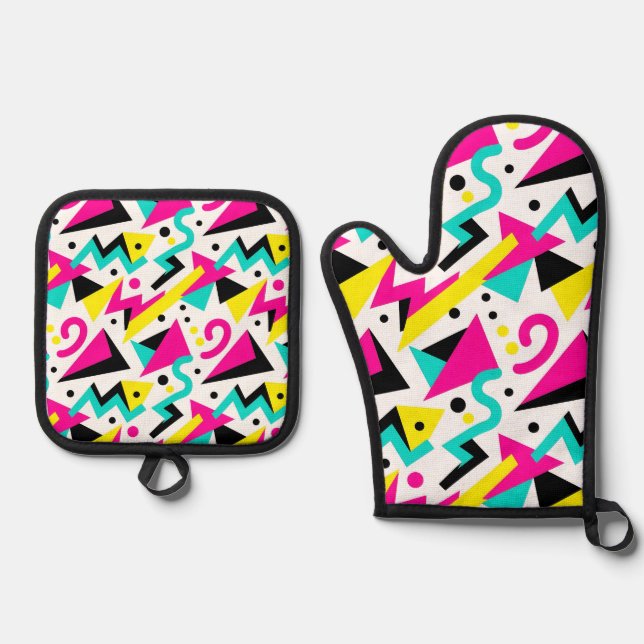 80s Memphis Geometric Pattern Oven Mitt & Pot Holder Set (Front)