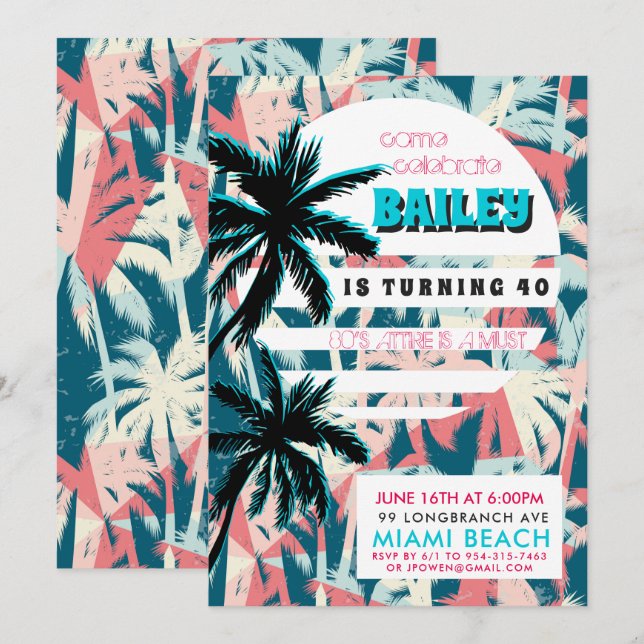 80s Miami Birthday Party Invitation (Front/Back)