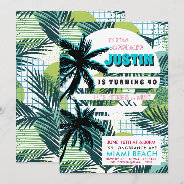 80s Miami Birthday Party Invitation (Front/Back)