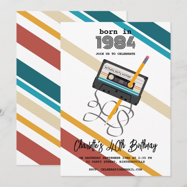 80s Music Retro Cassette Tape 40th Forty Birthday Invitation (Front/Back)