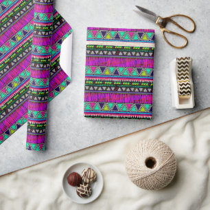 80's Neon Geometric Stripes and Triangles Wrapping Paper