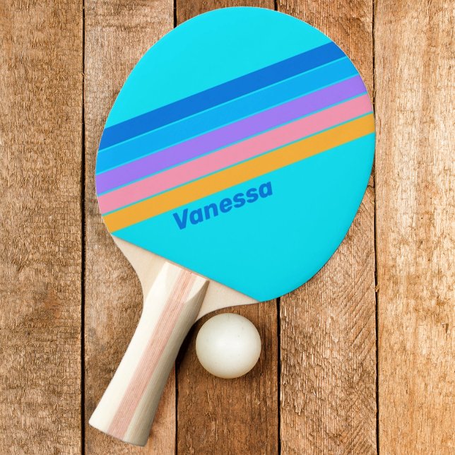 80s Neon Ocean Sky Striped with Name Ping Pong Paddle (Creator Uploaded)