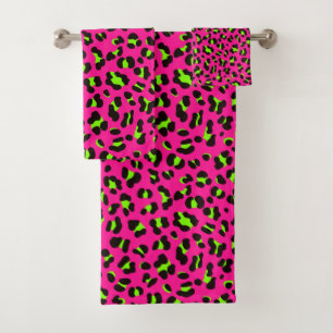 80s Neon Pink Fuchsia and Lime Green Leopard Bath Towel Set