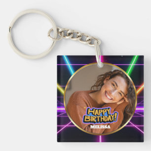 80s Neon Retro Custom Photo & Name Happy Birthday Key Ring