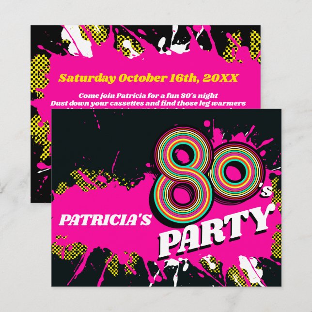 80's Party birthday or event retro pink invites (Front/Back)