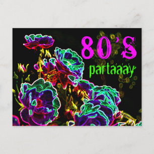 80's Party Psychedelic Roses Neon Black Purple Invitation Postcard