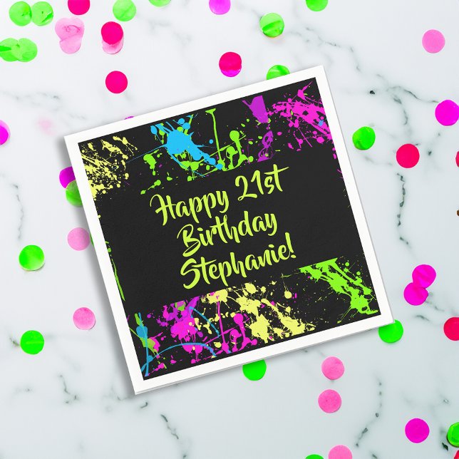 80s Party Retro Neon Paint Splatter Personalised Napkin (custom 80s birthday party decorations napkin)