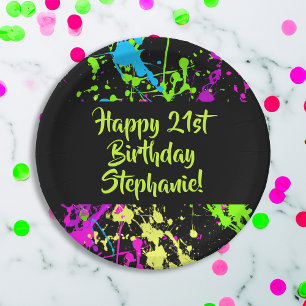 80s Party Retro Neon Paint Splatter Personalised Paper Plate