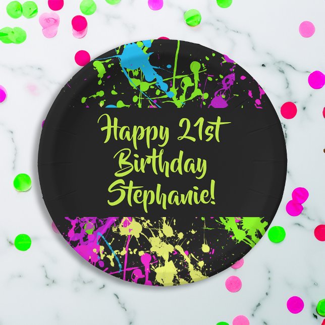 80s Party Retro Neon Paint Splatter Personalised Paper Plate (custom 80s birthday party decorations)