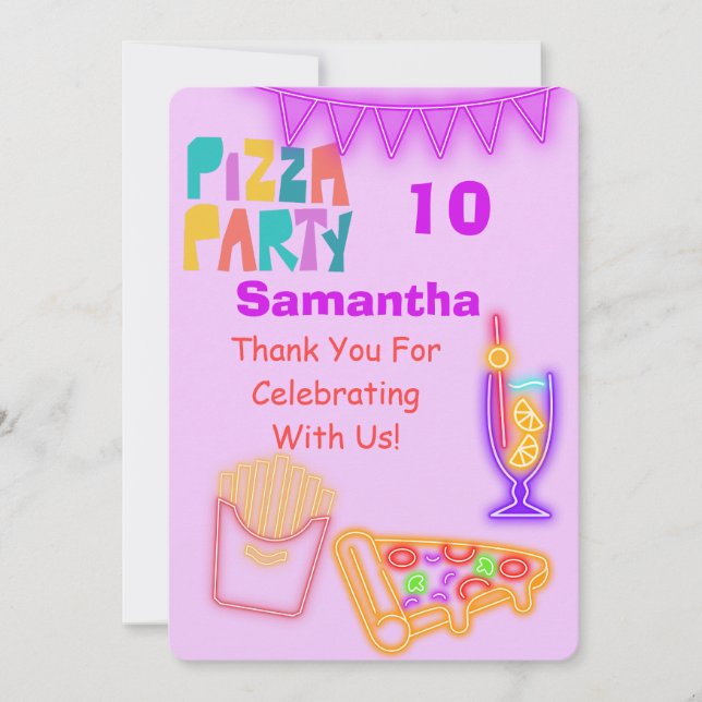 80s Pizza Party Thank You Card - Neon (Front)