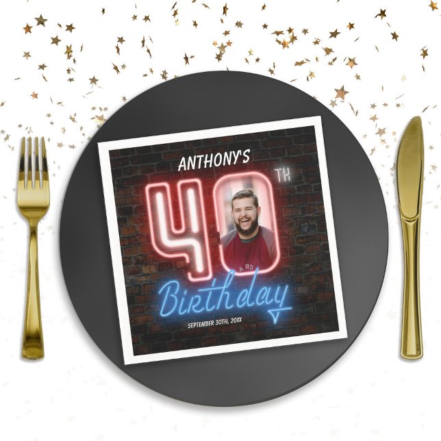 80s Retro 40th Birthday Neon Sign Custom Photo Napkin (80s Retro 40th Birthday Neon Sign Custom Photo Napkins)