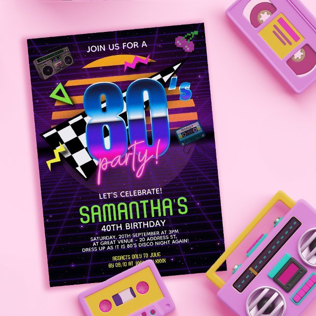 80s Retro Birthday Party Invitation ( Travel back to the totally bodacious 80’s with this retro 80s birthday invitation.)