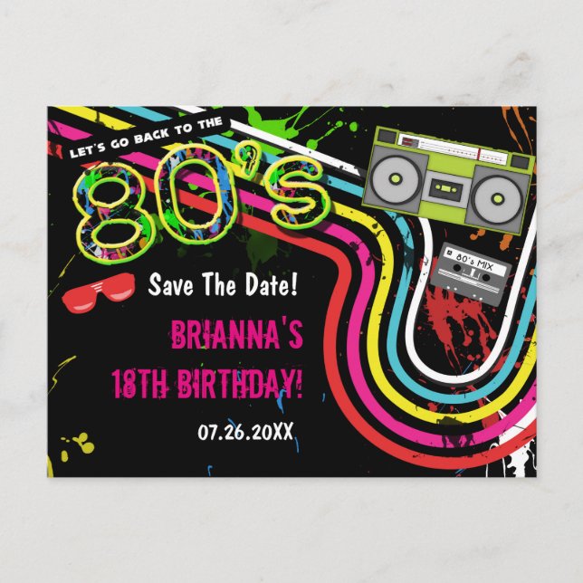 80's Retro Birthday Party Save The Date Postcard (Front)