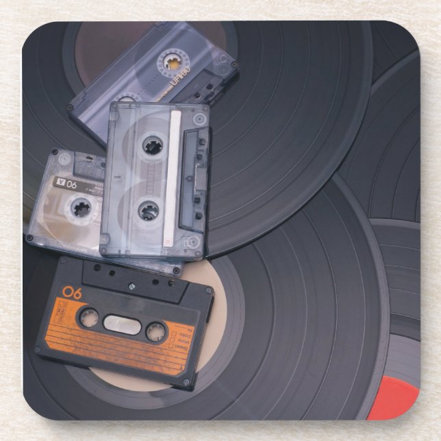 80's Retro Cassette Tapes and Vinyl Records Coaster (Front)