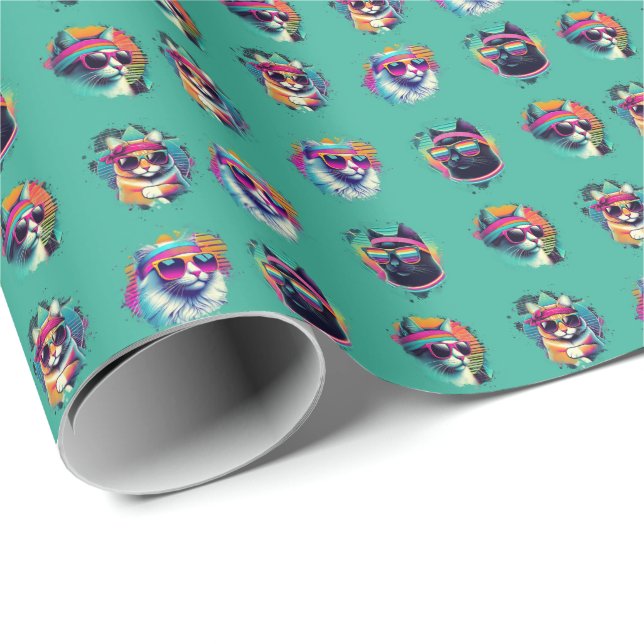 80s Retro Cool Cats with Sunglasses Blue Wrapping Paper (Roll Corner)