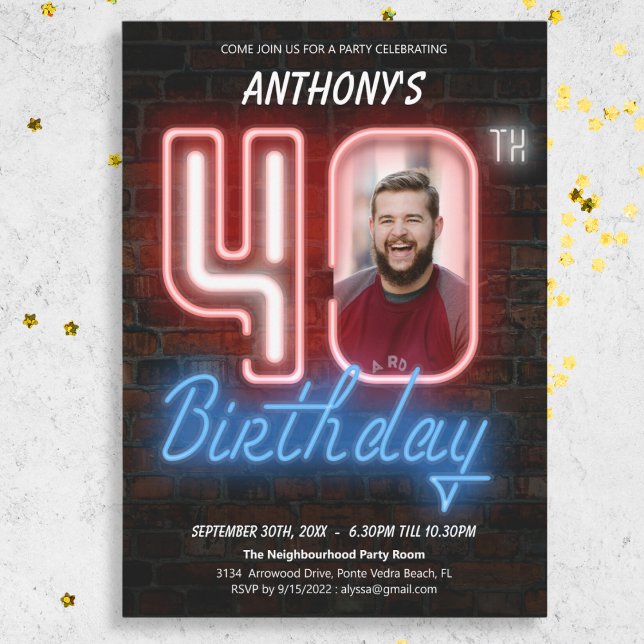 80s Retro Custom Photo Neon 40th Birthday Invitation (80s Retro Custom Photo Neon 40th Birthday Invitation)