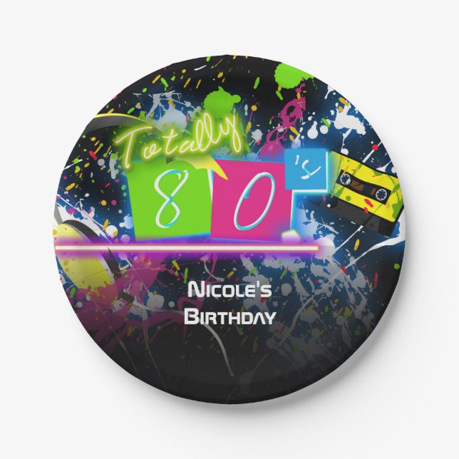 80's Retro Fun Birthday Party Neon Glow Splatter Paper Plate (Front)