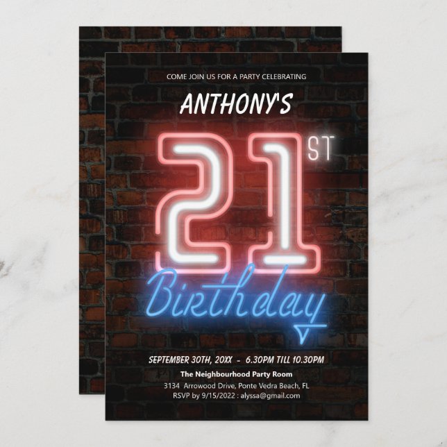 80s Retro Fun Neon Sign 21st Birthday Custom  Invitation (Front/Back)