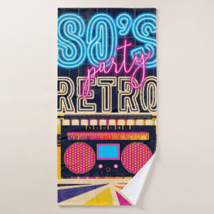 80s, retro music party. Old style poster. Disco fl Bath Towel