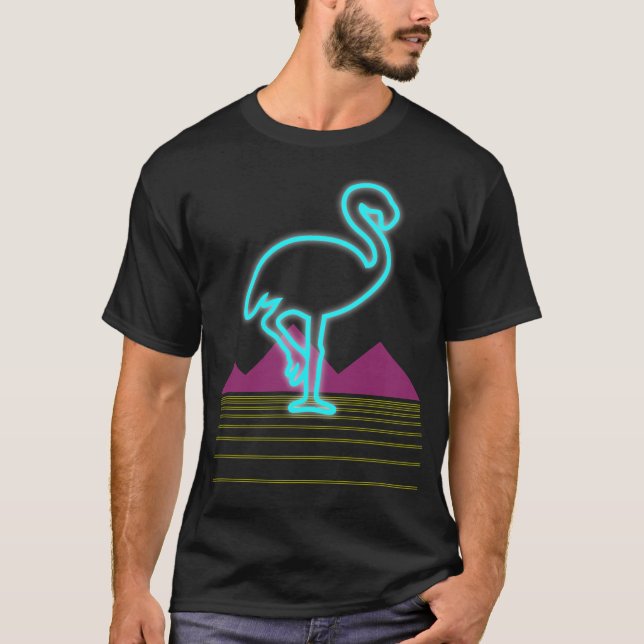 80's retro neon pink flamingo bird T-Shirt (Front)