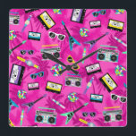 80s retro square wall clock<br><div class="desc">A colourful and retro 80s clock, it is like stepping into a time machine and travelling to this cool era. This clock features a lively pink design full of boom boxes, cassette tapes, colourful instruments, games and accessories from the 80s. Purchase yours today! Design by Huckleberry Hearts, LLC, © www.Huckleberry-Hearts.com...</div>