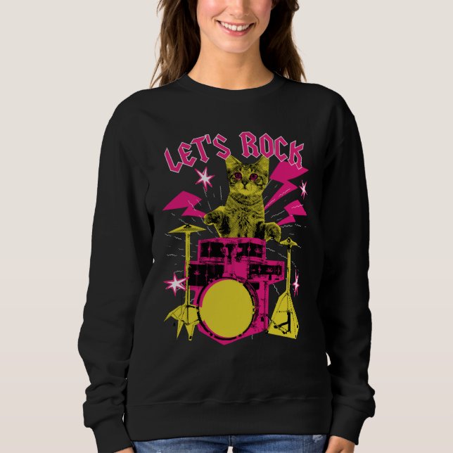 80s Rock N Roll Girl Cat Let's Rock Sweatshirt (Front)