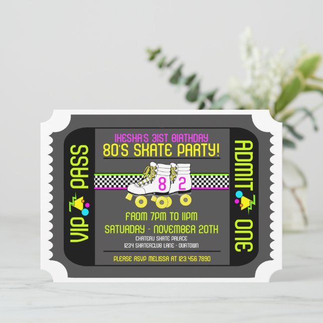 80s Rollerskate Ticket Style Party Invitations (Standing Front)