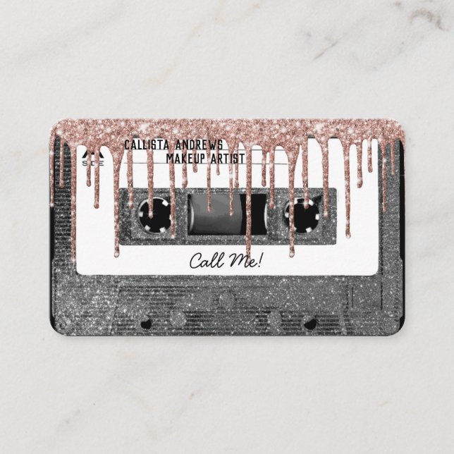80's Silver Glitter Drip Cassette Tape Mixtape Business Card (Front)