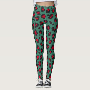 80s Style Red & Green Leopard Print Leggings