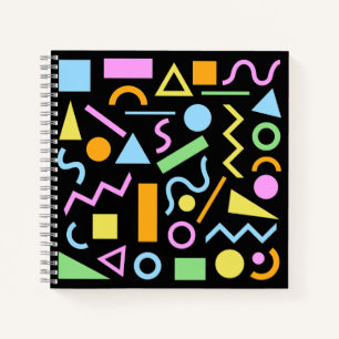 80s Style Shape Pattern Color on Black Notebook