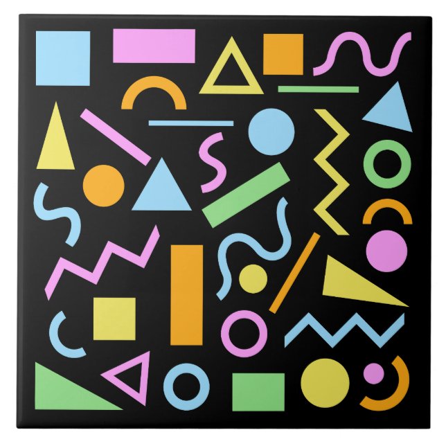 80s Style Shape Pattern Colour on Black Ceramic Tile (Front)