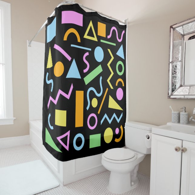 80s Style Shape Pattern Colour on Black Shower Curtain (In Situ)